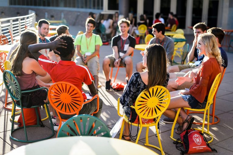 students gathered on the Union Terrace