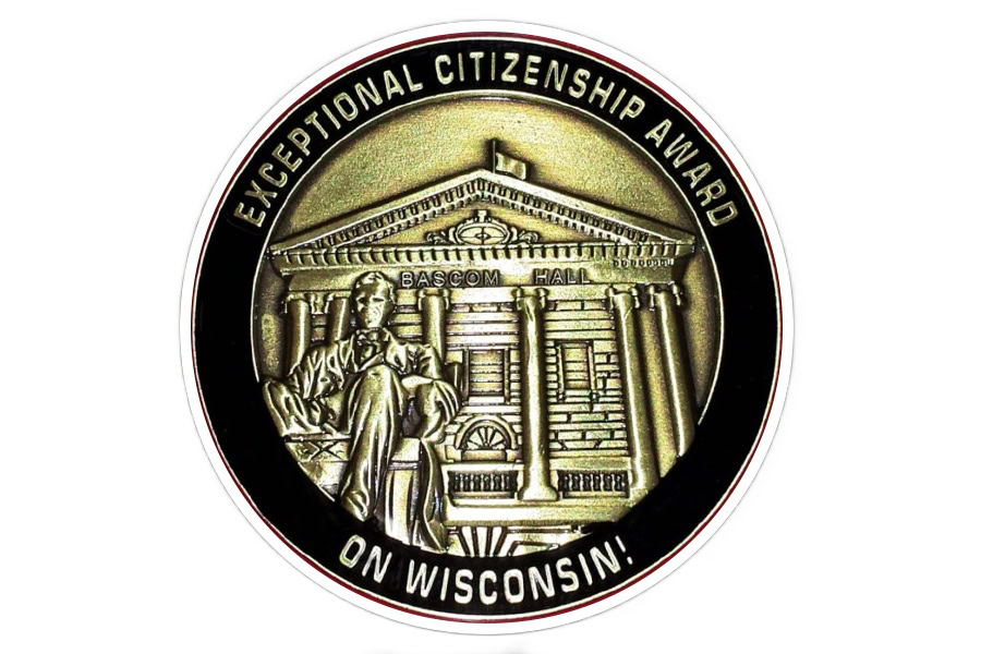 Coin with the Lincoln statue and Bascom Hall and the words Exceptional Citizenship Award On Wisconsin! surrounding it.