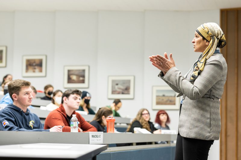 A professor teaches a lecture course.