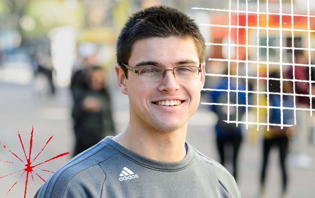 A student smiling at the camera with UW-Madison brand digital icons in the background.