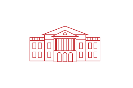 A red line drawing of Bascom Hall.